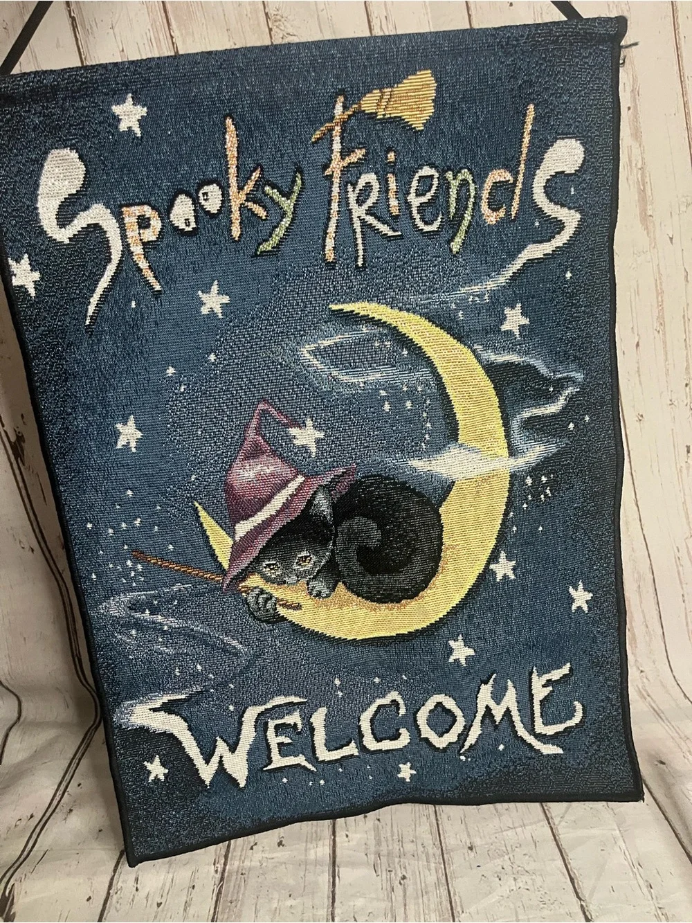 Spooky Friends Welcome Halloween Tapestry Wall Hanging Black Cat Witch Moon